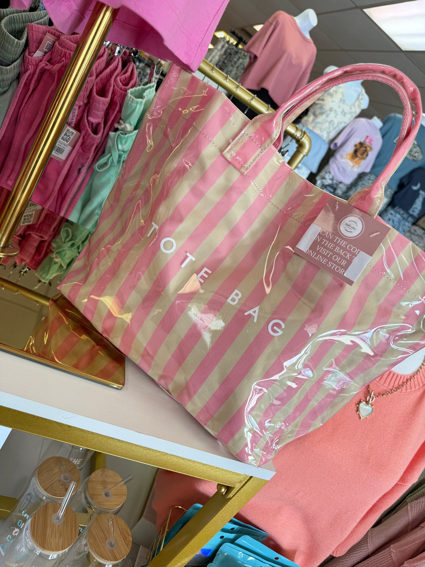 TOTE BAG TAN & PINK STRIPES