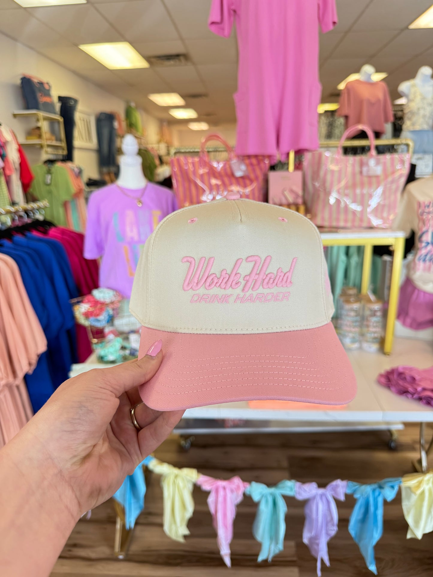 WORK HARD DRINK HARDER TRUCKER HAT PINK/NATURAL