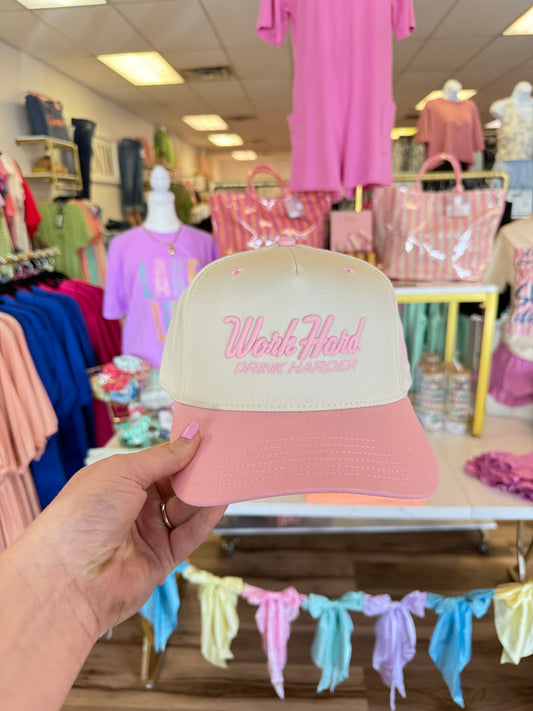 WORK HARD DRINK HARDER TRUCKER HAT PINK/NATURAL
