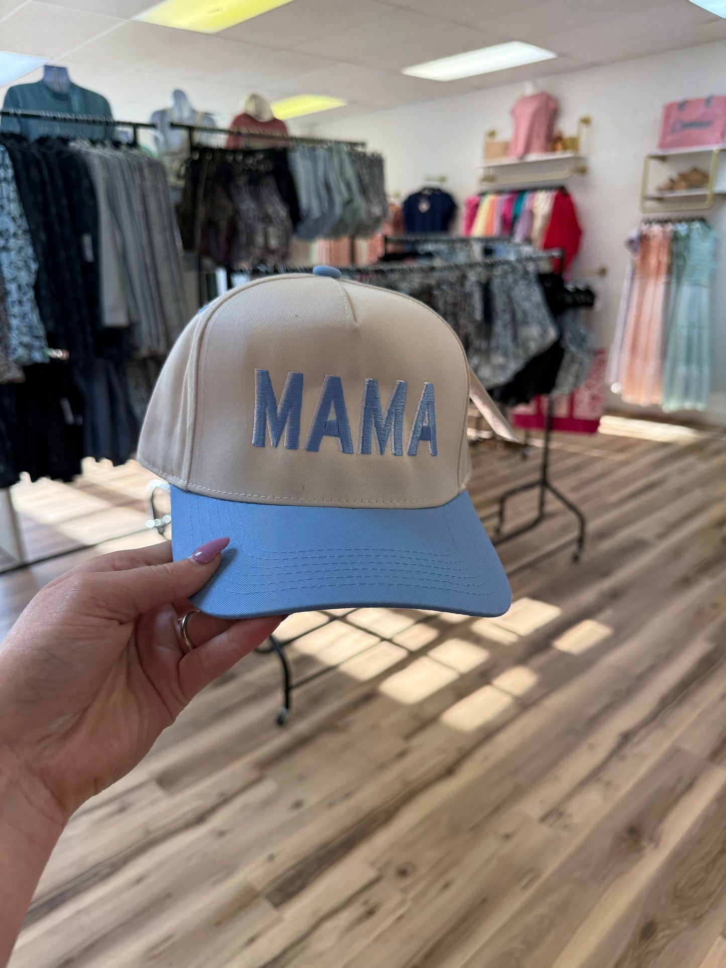 MAMA LIGHT BLUE/TAN TRUCKER HAT